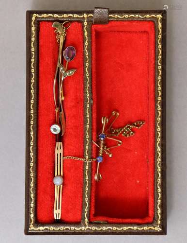 Three 9ct gold gem-set bar brooches; & a similar un-mark...