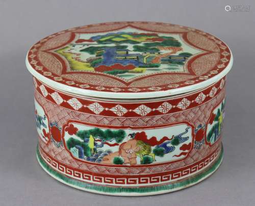 A Japanese porcelain large cylindrical pot & cover decor...