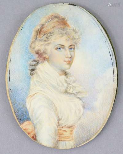 A 19th century half-length portrait miniature of a lady in p...