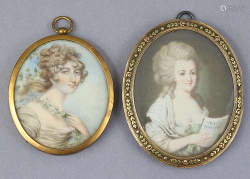 Two 19th century head-&-shoulders oval portrait miniatur...