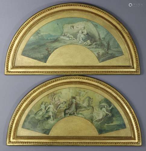 A pair of late 18th century painted fan leaves, allegorical ...