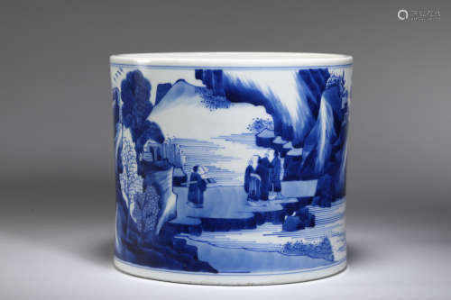 Qing Dynasty blue and white landscape character pen holder