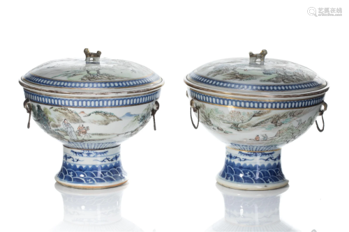 PAIR CHINESE PORCELAIN FOOTED BOWLS SIGNED QIAN AN