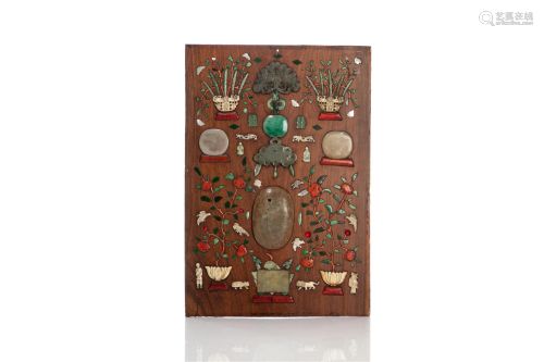 CHINESE WOOD PANEL WITH JADE AND MIXED INLAYS