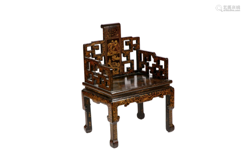 CHINESE BLACK LACQUER THRONE CHAIR WITH GILT