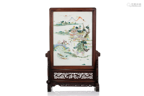 CHINESE PORCELAIN LANDSCAPE PLAQUE AS TABLE SCREEN