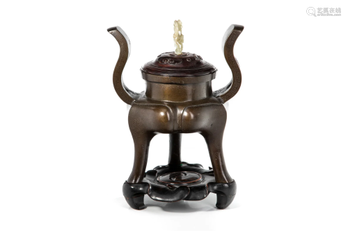 CHINESE BRONZE CENSER W/ SILVER INLAY ON STAND