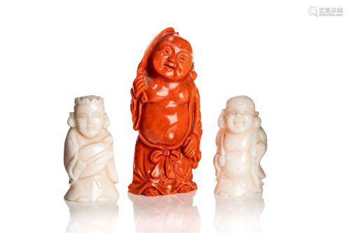 THREE CHINESE CARVED CORAL FIGURES
