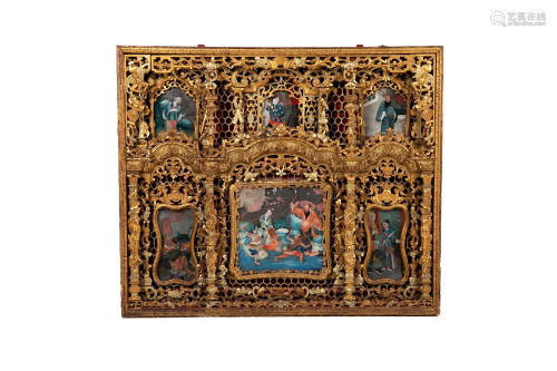 CHINESE REVERSE GLASS CARVED GILT WOOD PANEL