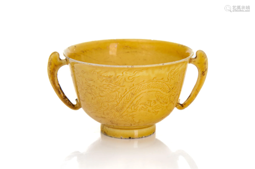 CHINESE YELLOW GLAZED PORCELAIN WINE CUP W/ HANDLE