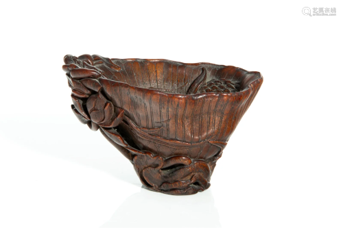 CHINESE LOTUS-FORM RHINOCEROS HORN LIBATION CUP