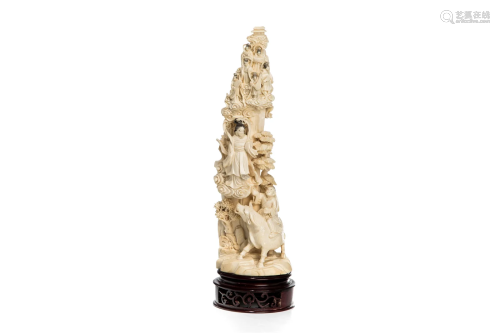 CHINESE NATURAL CARVED FIGURAL GROUP ON WOOD BASE