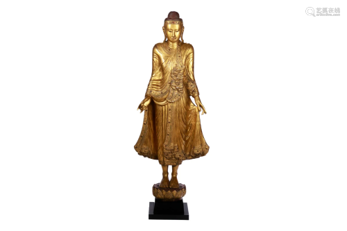 STANDING GILT PAINTED WOOD BUDDHA WITH INLAY