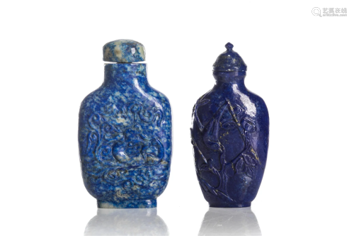 TWO CHINESE LAPIS CARVED SNUFF BOTTLES