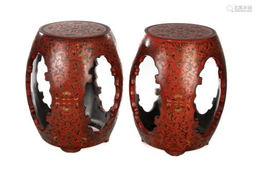 PAIR OF CHINESE RED LACQUER GARDEN STOOLS