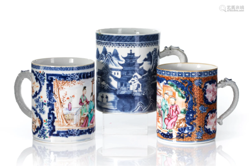 THREE CHINESE EXPORT PORCEALIN TANKARDS