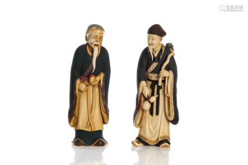 PAIR OF JAPANESE POLYCHROME NATURAL CARVED FIGURES