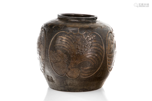 CHINESE EARTHENWARE JAR WITH MOUNTED RIM