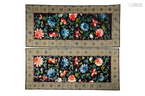 PAIR OF CHINESE BAT AND FLOWER EMBROIDERY PANELS