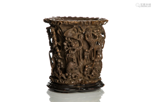 CHINESE AGARWOOD CARVED SCROLL POT W/ CUSTOM STAND