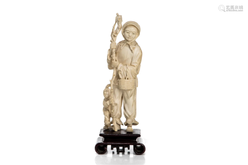 CHINESE NATURAL CARVED FIGURAL OF MAN AND CHILD