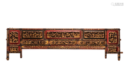 CHINESE HIGH RELIEF GUILT CARVED WOOD HEADBOARD