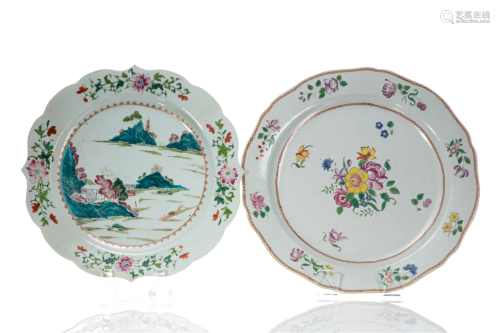 TWO CHINESE EXPORT FAMILLE ROSE PALETTE PLATES