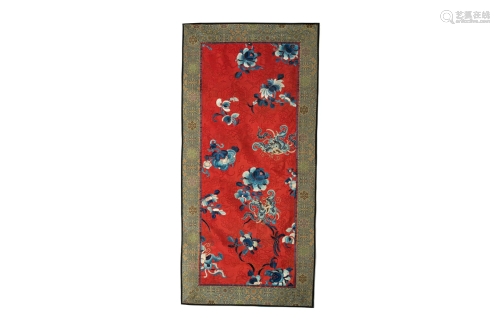 CHINESE RED GROUND EMBROIDERY PANEL