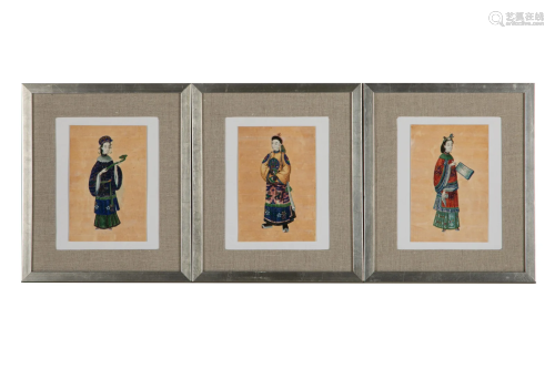 THREE FRAMED CHINESE FIGURAL PITH PAPER PAINTINGS