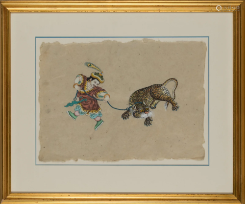 FRAMED INDIAN TIGER AND TAMER PAINTING