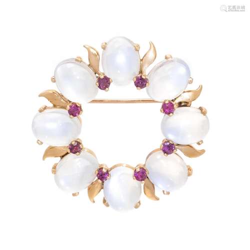 TIFFANY & CO., MOONSTONE AND RUBY BROOCH