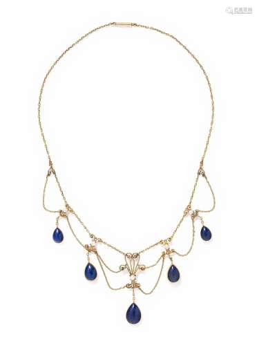 ANTIQUE, YELLOW GOLD, LAPIS LAZULI AND SEED PEARL SWAG NECKL...
