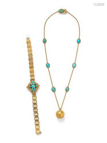 ANTIQUE, COLLECTION OF YELLOW GOLD AND TURQUOISE JEWELRY