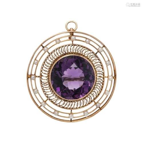 ANTIQUE, YELLOW GOLD, AMETHYST AND SEED PEARL PENDANT/BROOCH