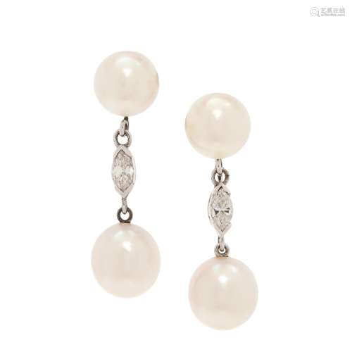 CULTURED PEARL AND DIAMOND EARCLIPS