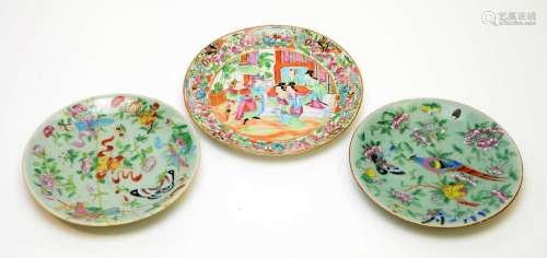 A Canton famille rose plate and two others