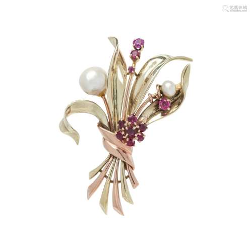 RETRO, BICOLOR GOLD, RUBY AND CULTURED PEARL BROOCH