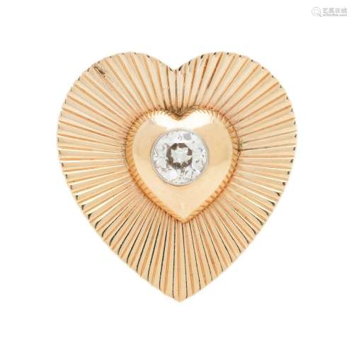 YELLOW GOLD AND DIAMOND HEART BROOCH