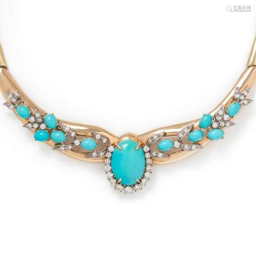 YELLOW GOLD, SYNTHETIC TURQUOISE AND DIAMOND NECKLACE