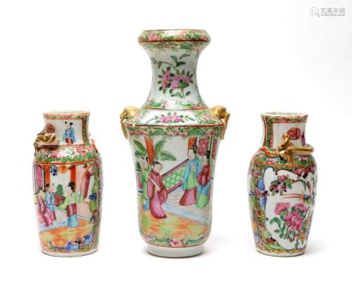 A small pair of Cantonese vases and another.