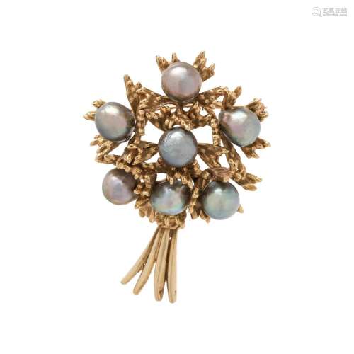 YELLOW GOLD AND CULTURED PEARL BROOCH