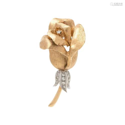 BICOLOR GOLD AND DIAMOND ROSE BROOCH