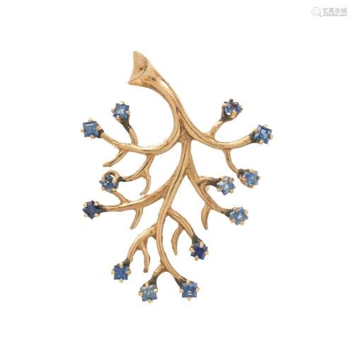 YELLOW GOLD AND SAPPHIRE TREE MOTIF BROOCH
