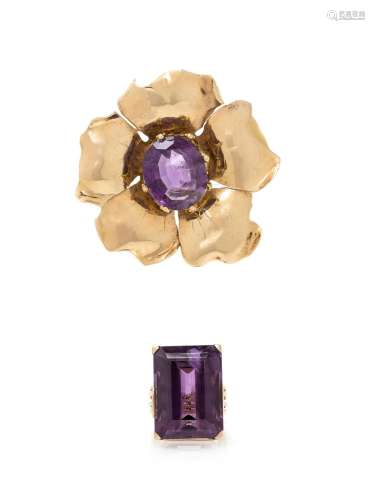 COLLECTION OF YELLOW GOLD AND AMETHYST JEWELRY