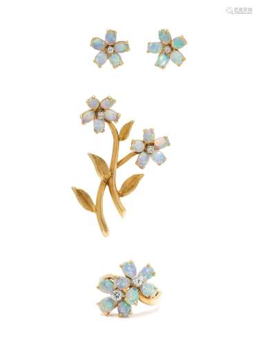 COLLECTION OF OPAL AND DIAMOND FLOWER JEWELRY