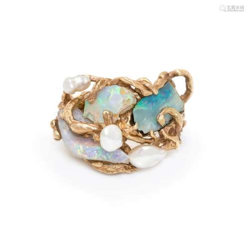 YELLOW GOLD, OPAL AND PEARL RING