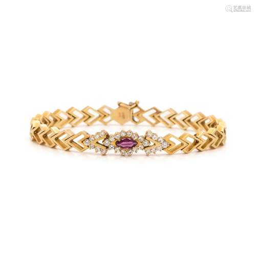 YELLOW GOLD, SYNTHETIC RUBY AND DIAMOND BRACELET