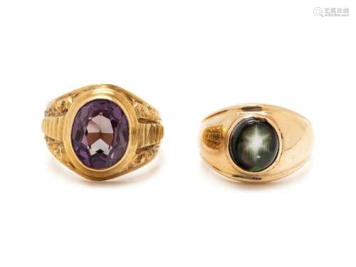 COLLECTION OF YELLOW GOLD AND SYNTHETIC GEMSTONE RINGS