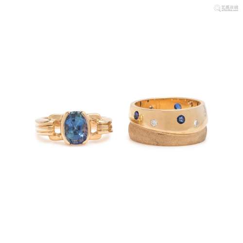 COLLECTION OF YELLOW GOLD, SAPPHIRE AND SYNTHETIC SAPPHIRE R...