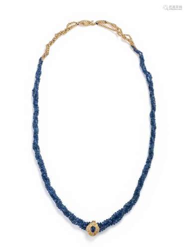 YELLOW GOLD, SAPPHIRE AND DIAMOND BEAD NECKLACE